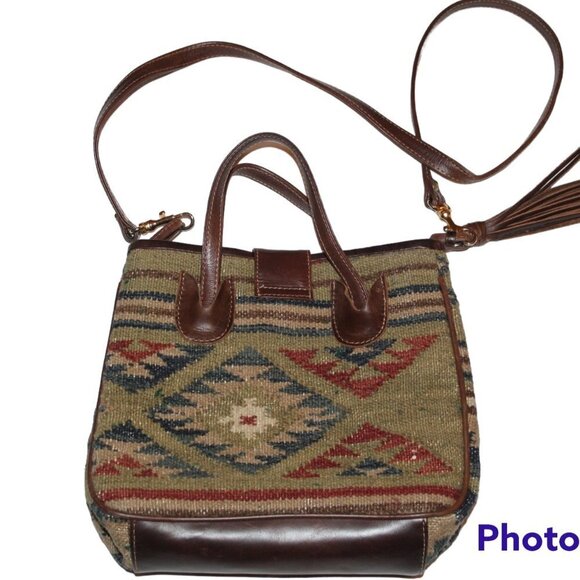 Woven Tapestry wool & leather shoulder bag Aztec print Southwest Crossbody purse - Picture 9 of 11